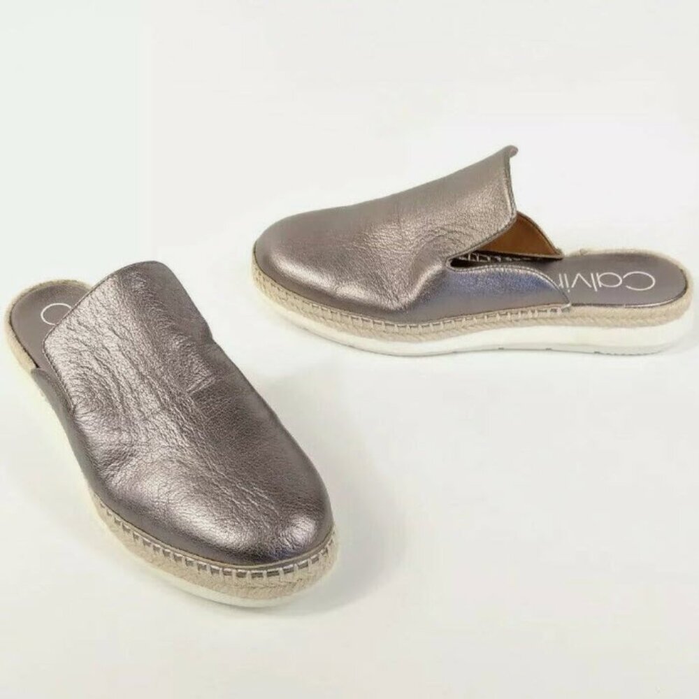 Calvin Klein Verie Mule Loafer Flats Slip Espadrille Silver Leather Size 7.5